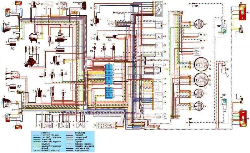 Схема электрооборудования автомобилей ВАЗ-2121: 1. Боковые указатели